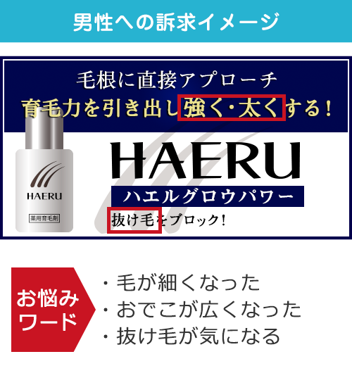 男性への訴求メッセージ|毛根に直接アプローチ|育毛力を引き出し強く・太くする!|HAERU|ハエルグロウパワー|抜け毛をブロック!|お悩みワード|・毛が細くなった・おでこが広くなった・抜け毛が気になる